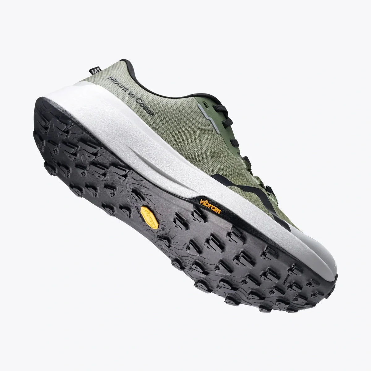 Mount to Coast M1 Trail Running Shoe angled view highlighting Vibram outsole traction lugs and midsole stack