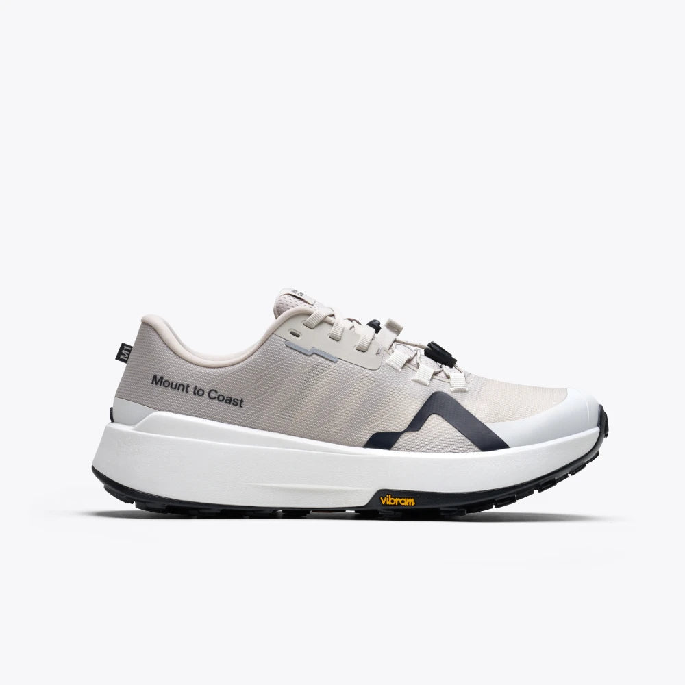 Mount to Coast M1 Trail Running Shoe in Oatmeal with Vibram outsole, side view