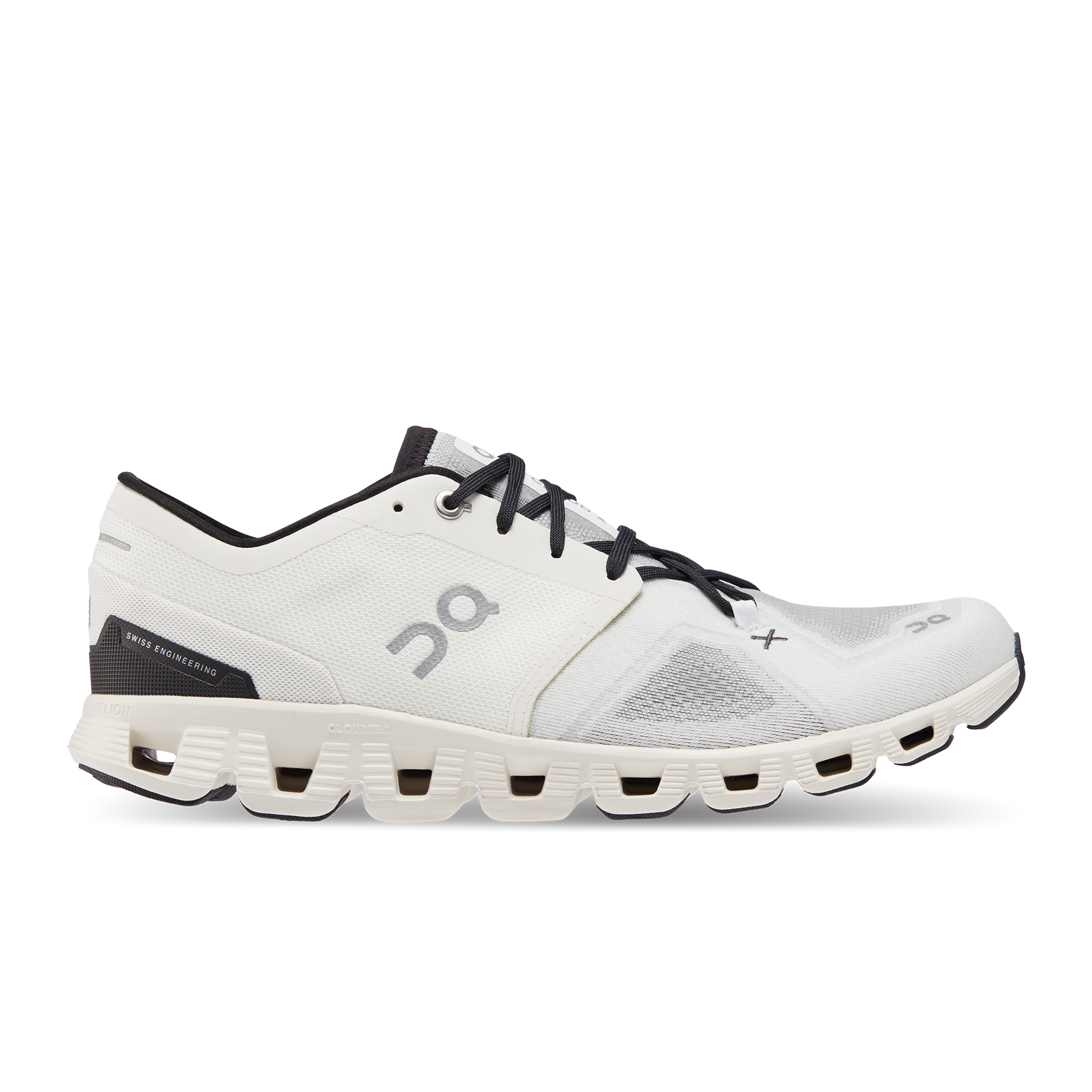 On Cloud X 3 running shoe in ivory and alloy colorway with distinctive pod sole