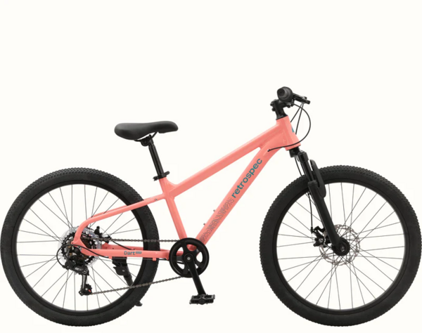 Retrospec Dart Plus 24-inch kids mountain bike in coral Fairy Floss color with disc brakes
