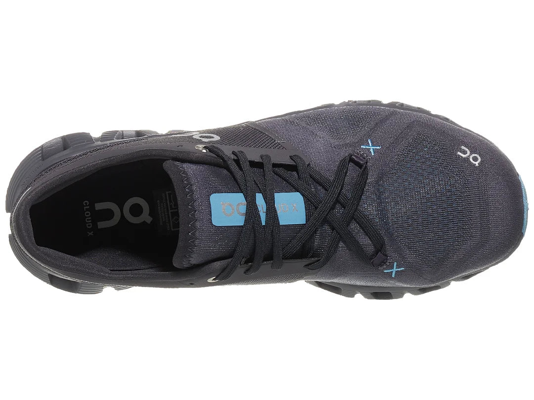 On Cloud X 3 running shoe in Eclipse/Magnet colorway, top-down view showing laces and branding