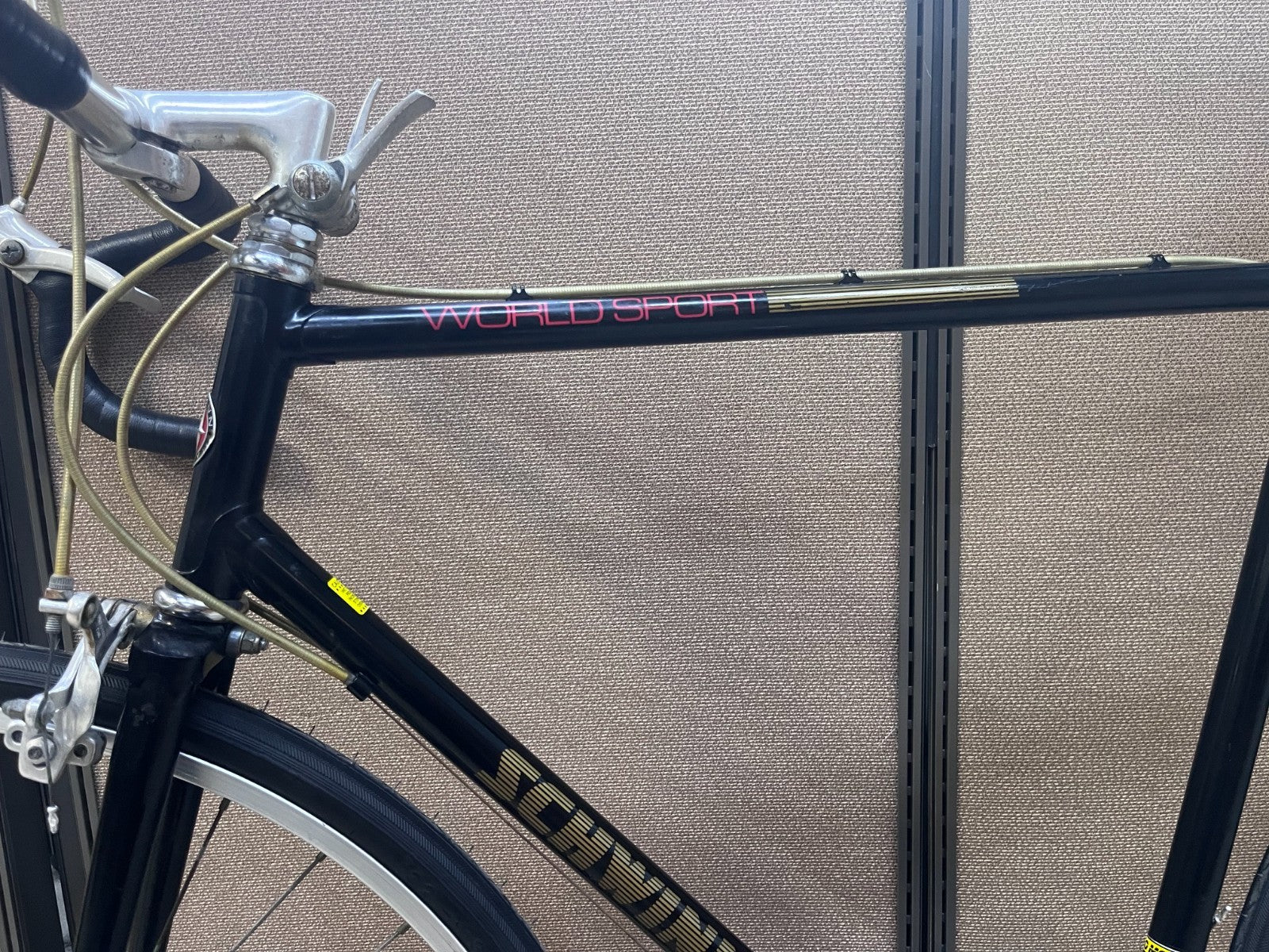 Front-on view of the Schwinn World Sport cockpit with drop handlebars and brake levers