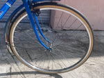 Front wheel, fork and fender with gum-wall tire on the vintage Sears Free Spirit bike