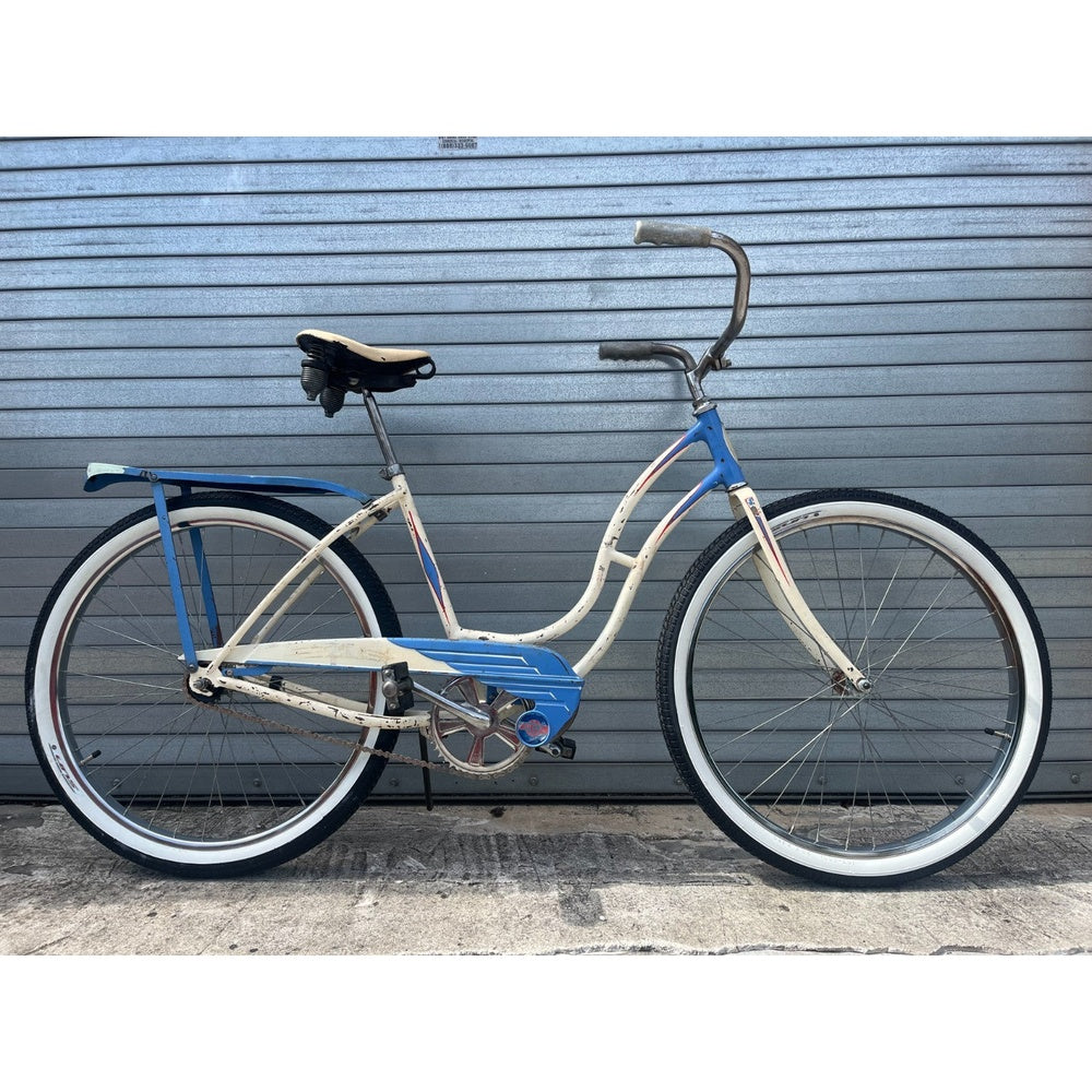 1964 B.F. Goodrich Fleet Star vintage cruiser bicycle in blue and white, full side view