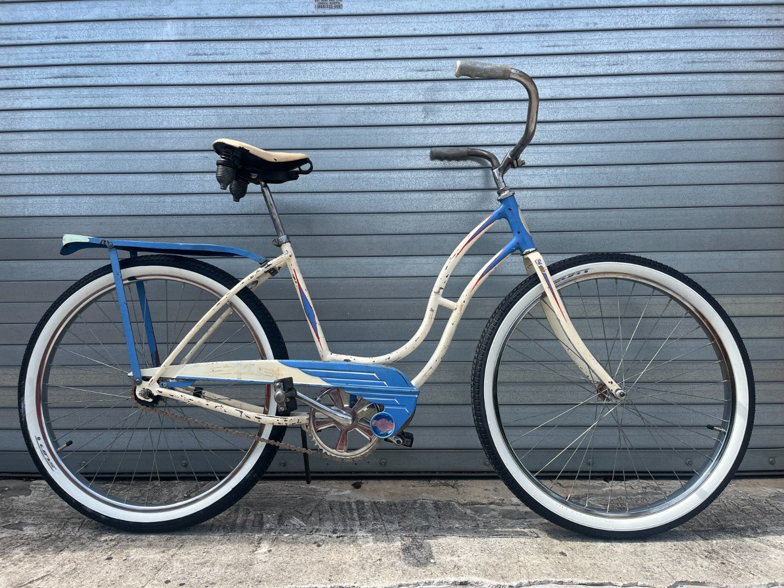 1964 B.F. Goodrich Fleet Star vintage cruiser bicycle in blue and white, full side view