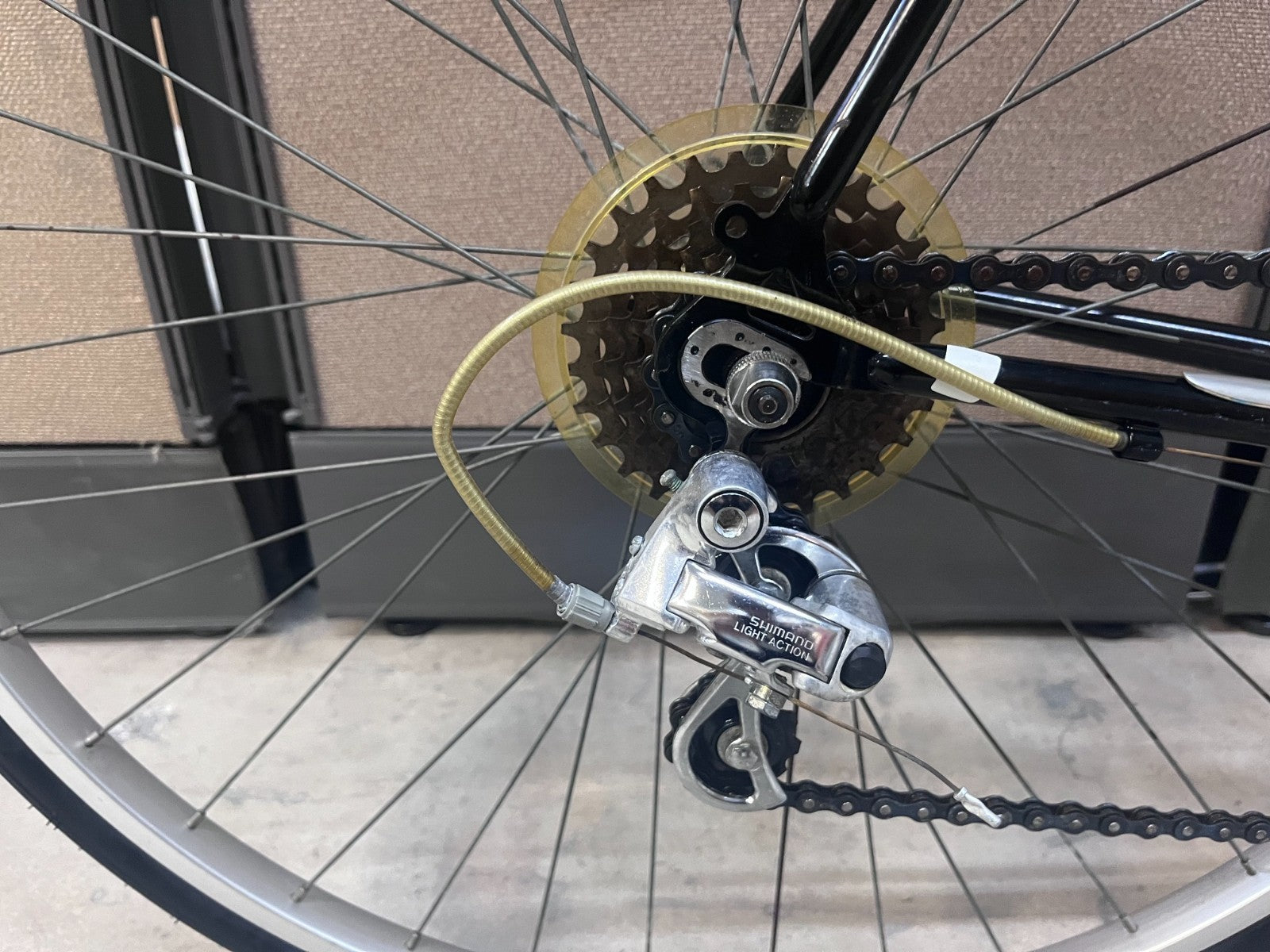 Rear derailleur and freewheel detail on the Schwinn World Sport 12-speed road bike