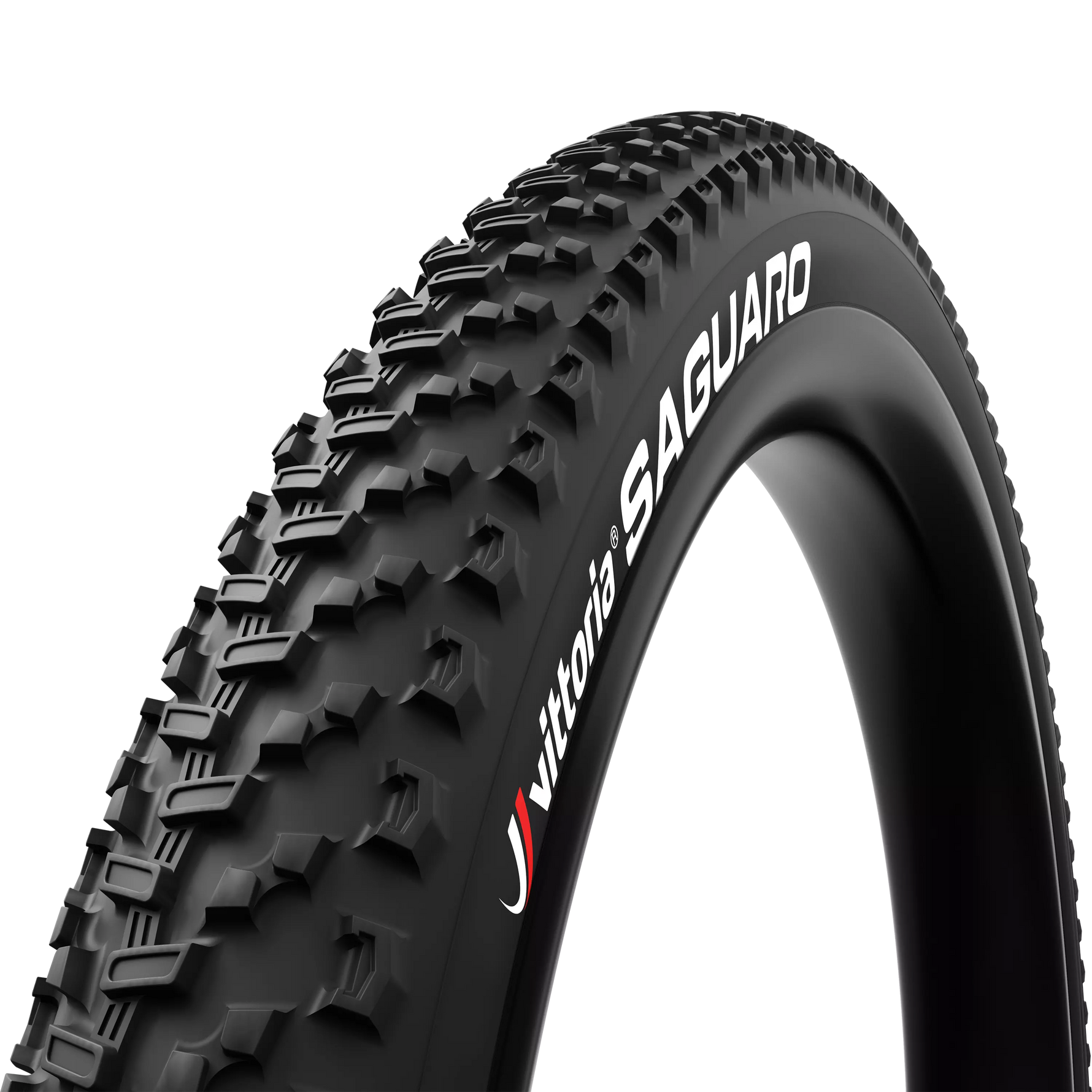 Vittoria Saguaro mountain bike tire in black with red accents on white background
