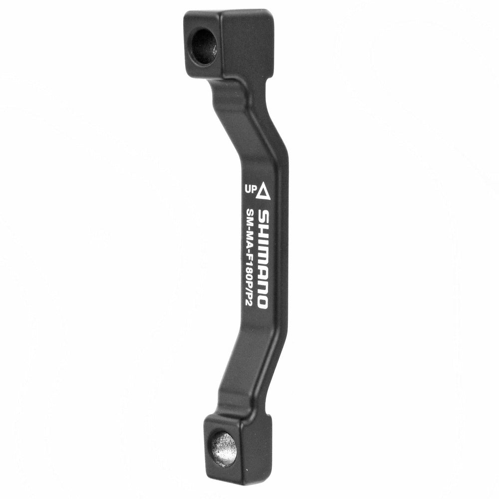 Black Shimano disc brake mount adapter with curved design and threaded ends