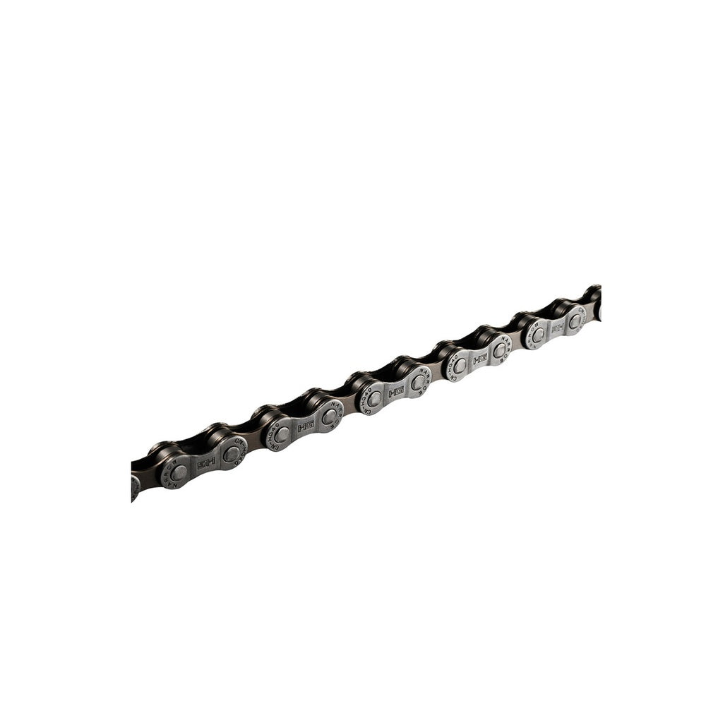 Shimano CN-HG40 bicycle chain with silver outer plates and dark inner links displayed diagonally
