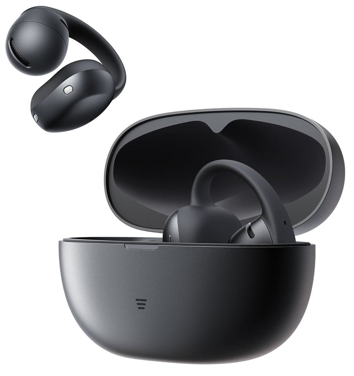 Shokz OpenDots Air black open-ear earbuds shown with charging case open
