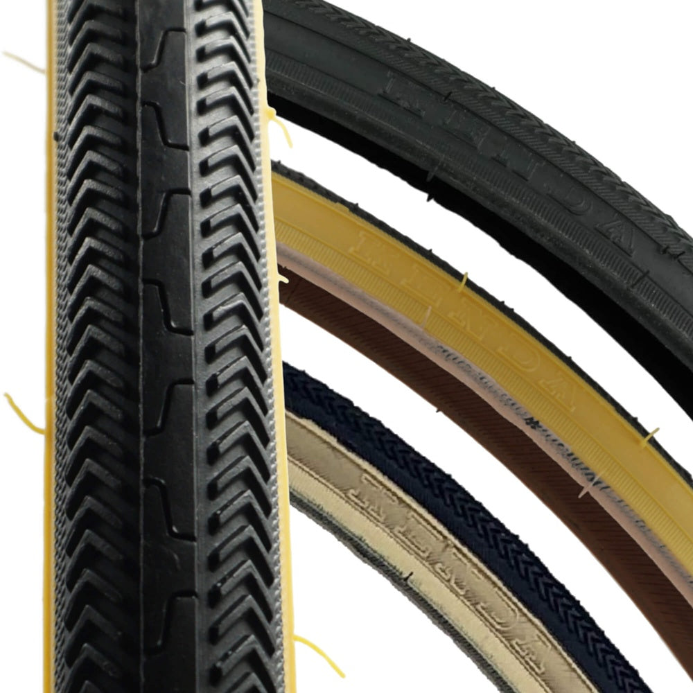 Kenda K36 27x1-1/8 wire bicycle tires with black tread and gum wall sidewalls displayed in multiple variants
