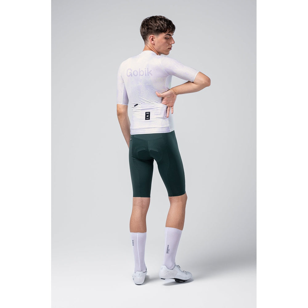 Gobik Attitude 2.0 Men's cycling jersey in white with green shorts, professional studio shot