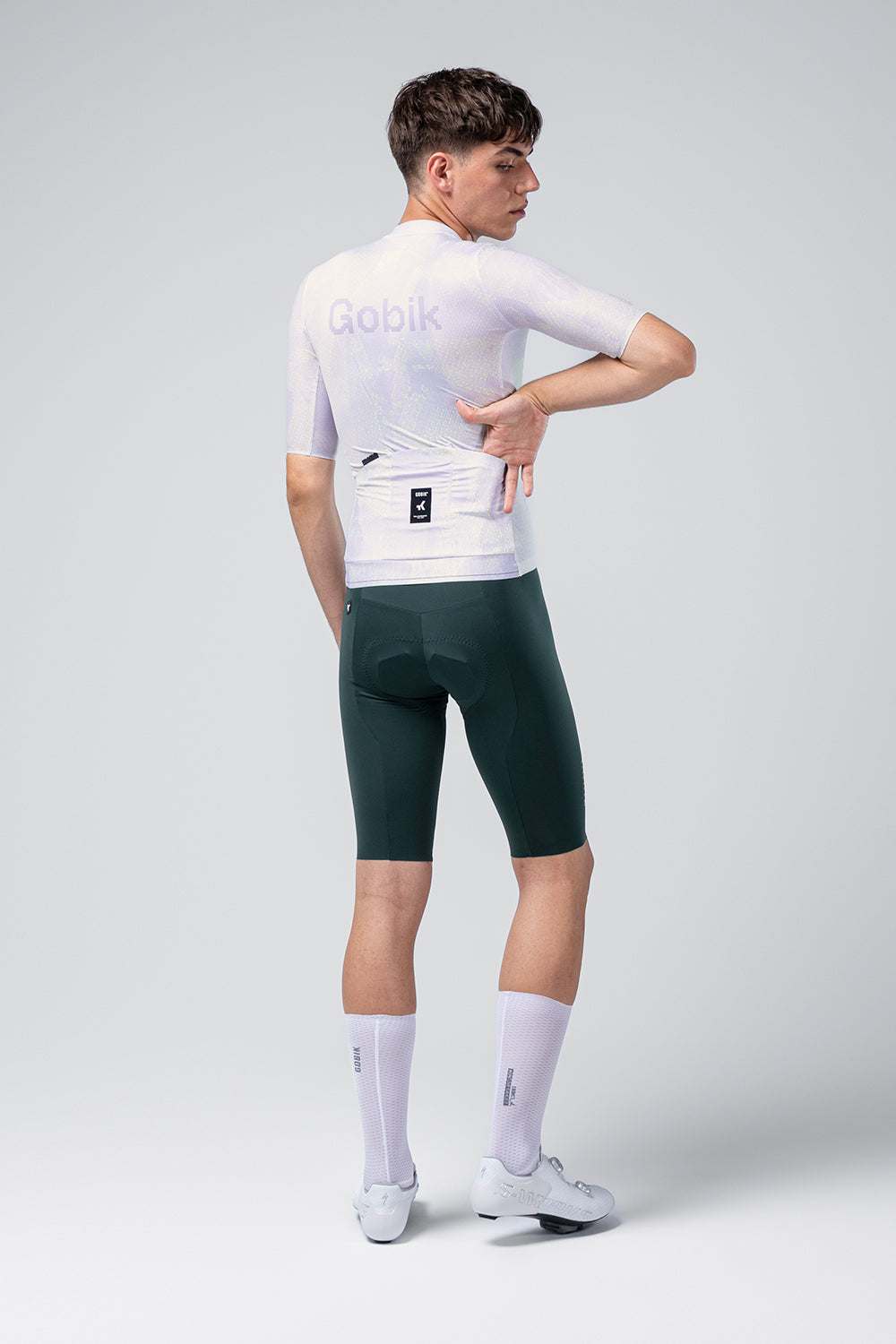 Gobik Attitude 2.0 short sleeve cycling jersey in Lag colorway, rear view showing white design