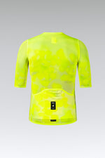 Gobik Carrera 3.0 short sleeve cycling jersey in neon yellow camo pattern, rear view