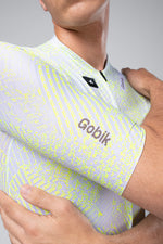 Gobik CX Pro cycling jersey in Amazonian colorway with neon yellow pattern on white base