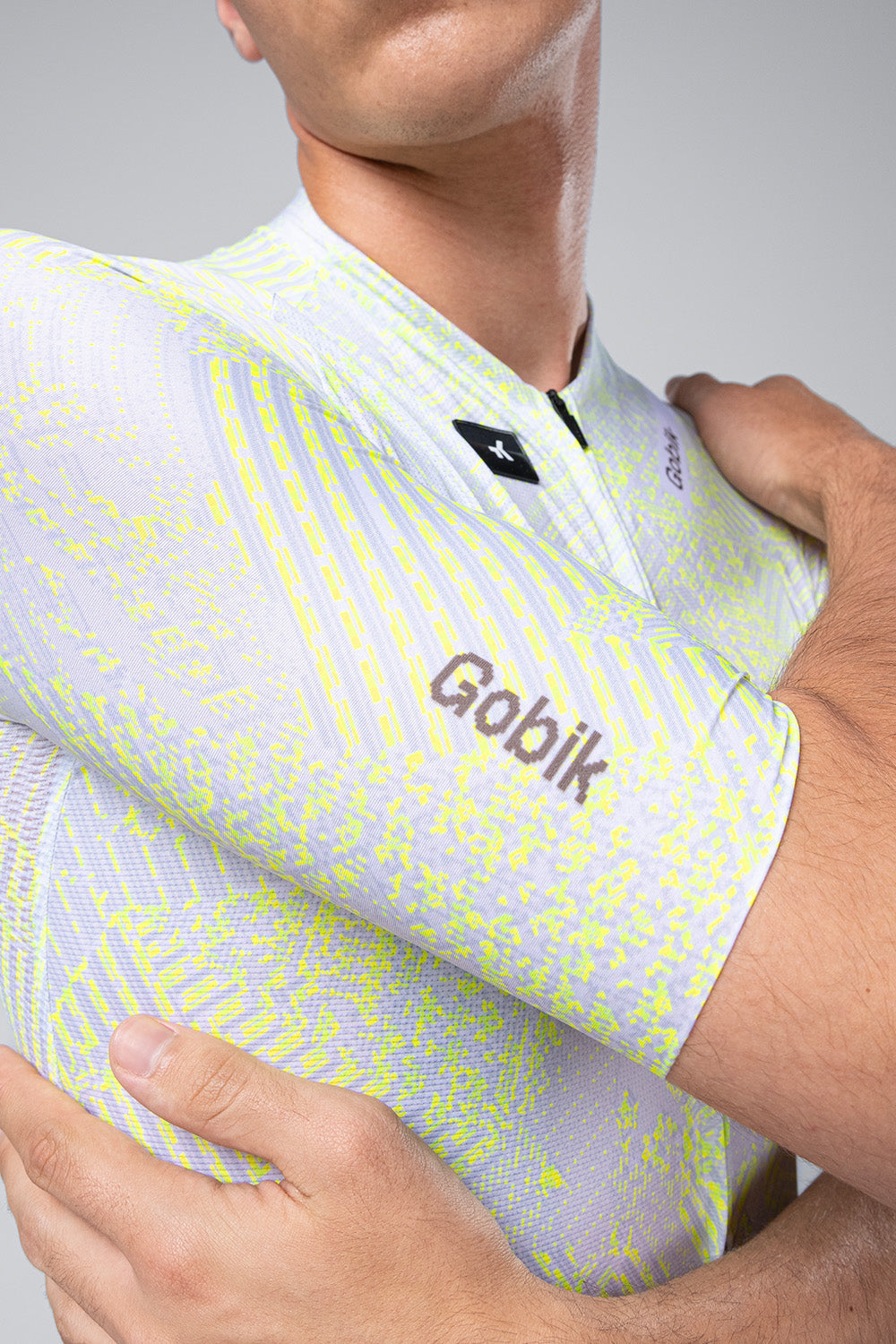 Gobik CX Pro cycling jersey in Amazonian colorway with neon yellow pattern on white base