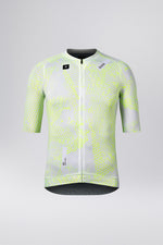 Gobik CX Pro cycling jersey in white with neon yellow amazonian pattern