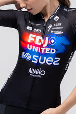 Gobik FDJ United Suez cycling jersey with black base and colorful team branding