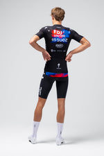 Gobik Odyssey cycling jersey in FDJ United Suez team colors, black with red and blue accents