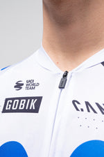 Gobik Odyssey cycling jersey in white with blue Movistar team colors and UCI branding