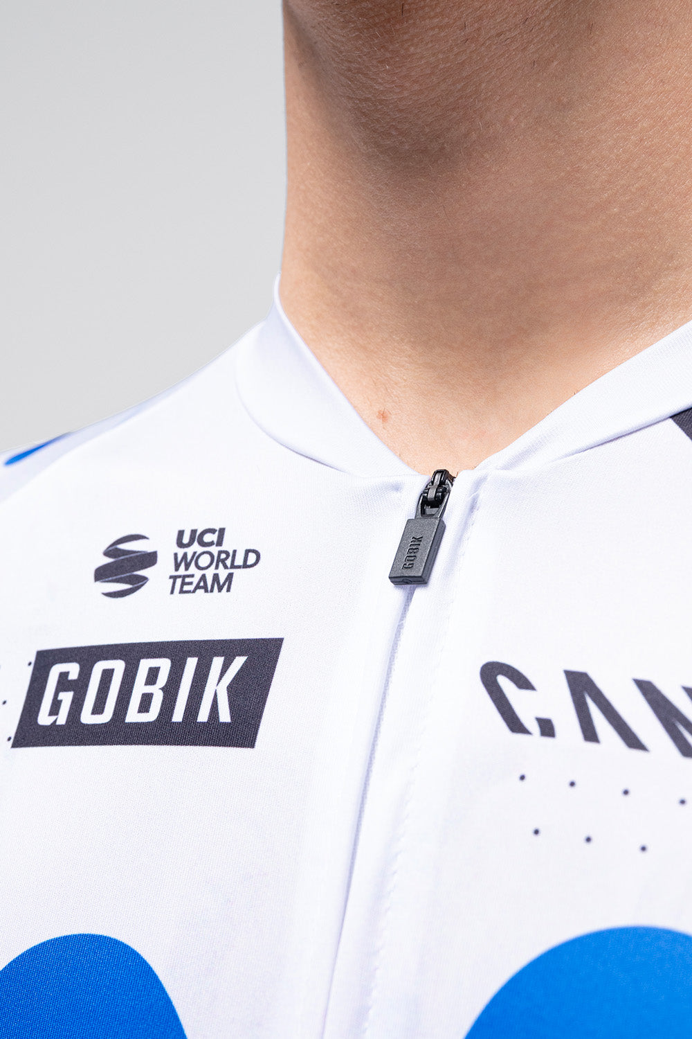 Gobik Odyssey cycling jersey in white with blue Movistar team colors and UCI branding