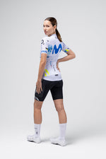 Gobik Odyssey cycling jersey in Movistar team white with blue graphics on model