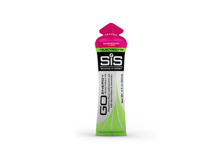 SIS Science in Sport GO Energy Plus Electrolyte Gel 60ml Raspberry flavor single packet white background