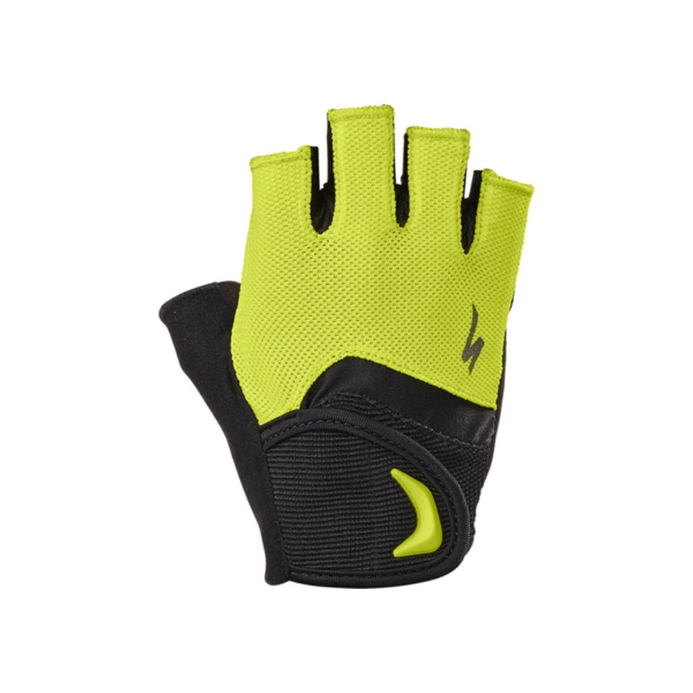 Specialized fingerless cycling gloves in bright yellow and black with mesh palm