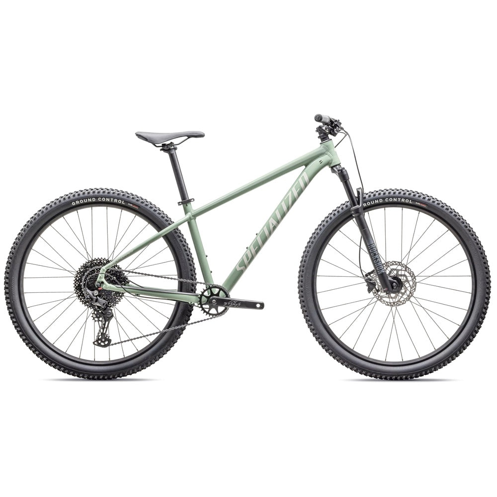 Specialized Rockhopper Comp mountain bike in gloss pistachio green with knobby tires
