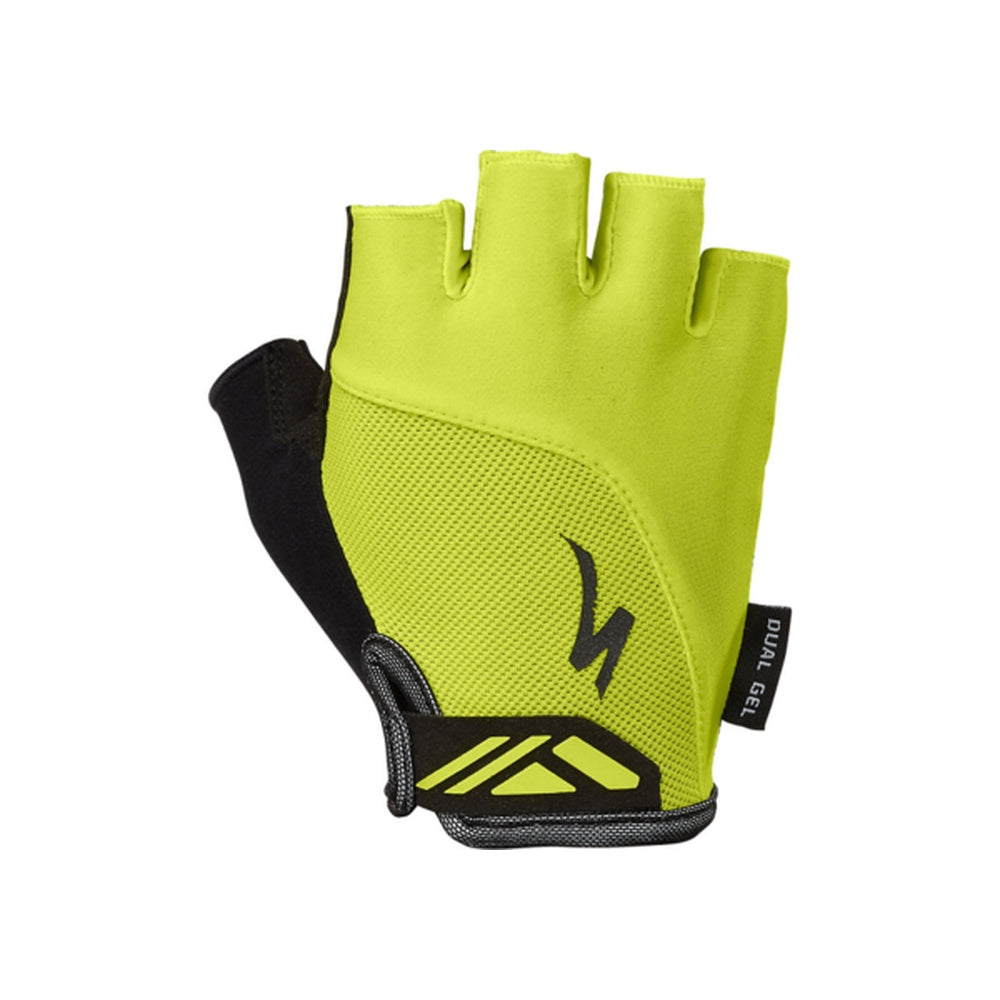 Specialized fingerless cycling gloves in bright yellow with gel padding and black palm