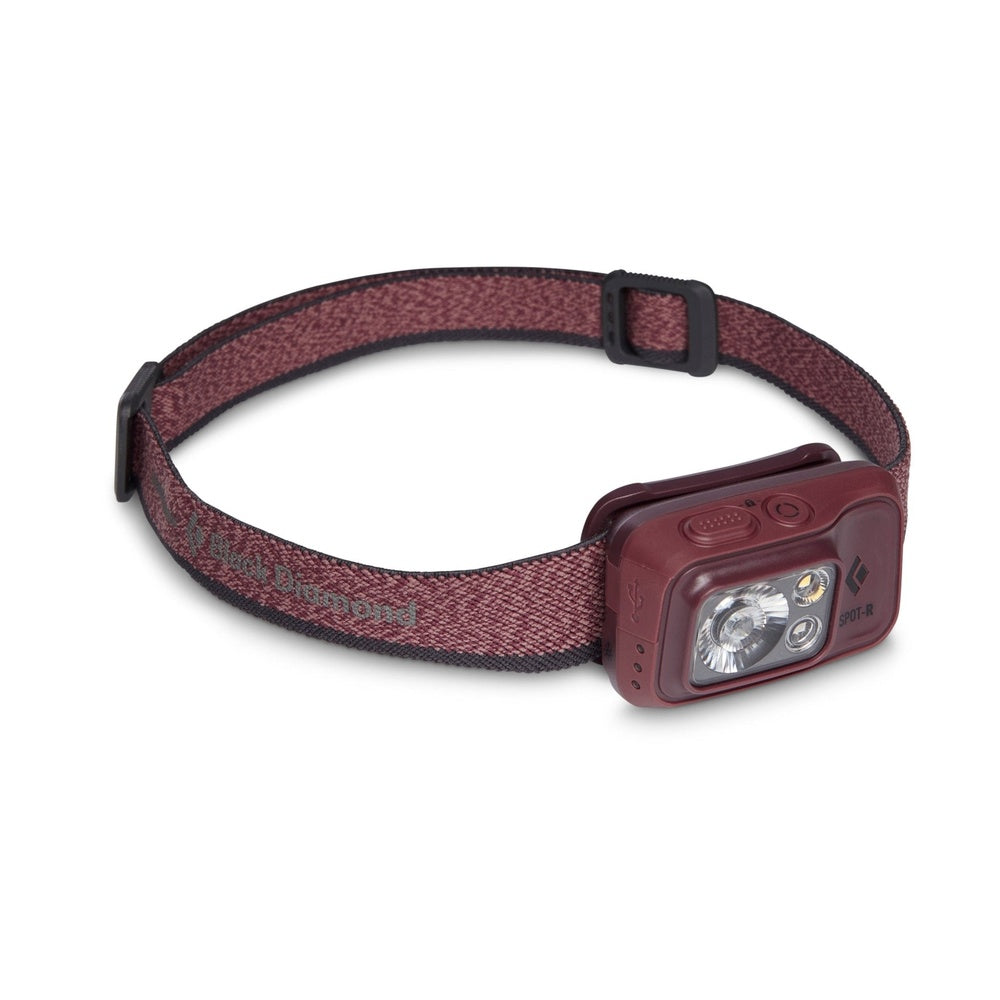 Black Diamond Spot 400-R headlamp in bordeaux red with adjustable strap, angled view