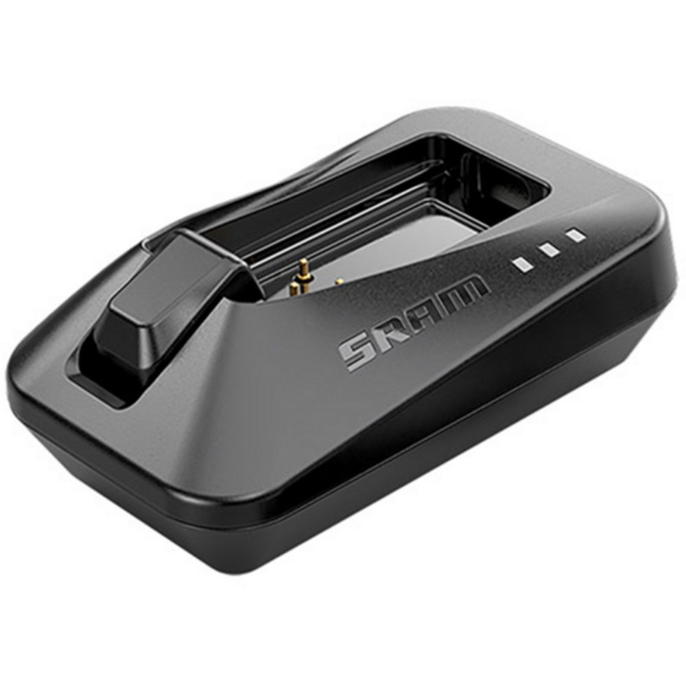 SRAM Battery Charger USB-C dock in black with gold charging contacts and LED indicators