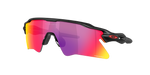 Oakley Radar EV Heater sunglasses matte black frame with Prizm Road lens, three-quarter view