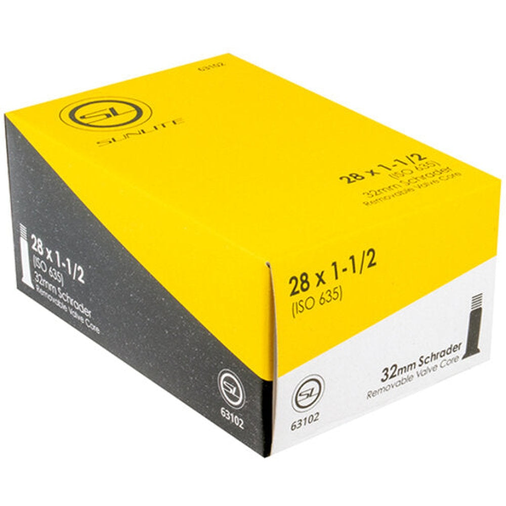 Sunlite 28x1-1/2 ISO 635 bicycle inner tube with 32mm Schrader valve in yellow box