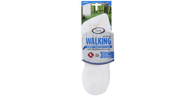 Thorlos Walking Foot Protection unisex white crew socks in retail packaging