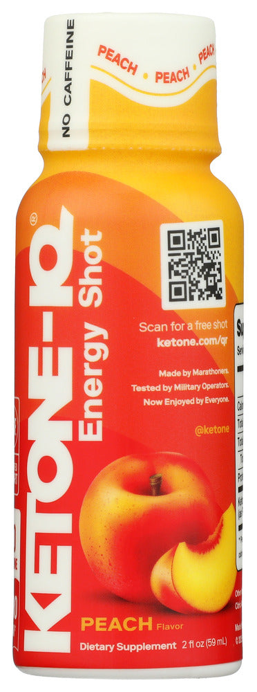 Ketone-IQ Peach Energy Shot 2 fl oz bottle angled view showing front label