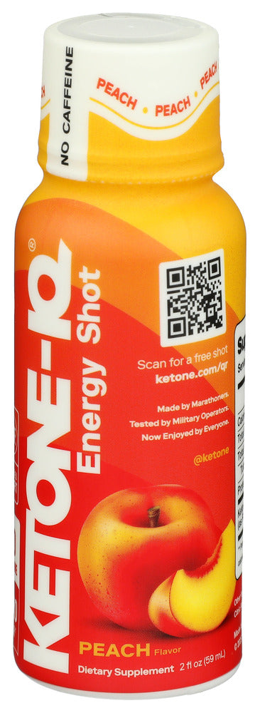 Ketone-IQ Peach Energy Shot 2 fl oz bottle front view on white background