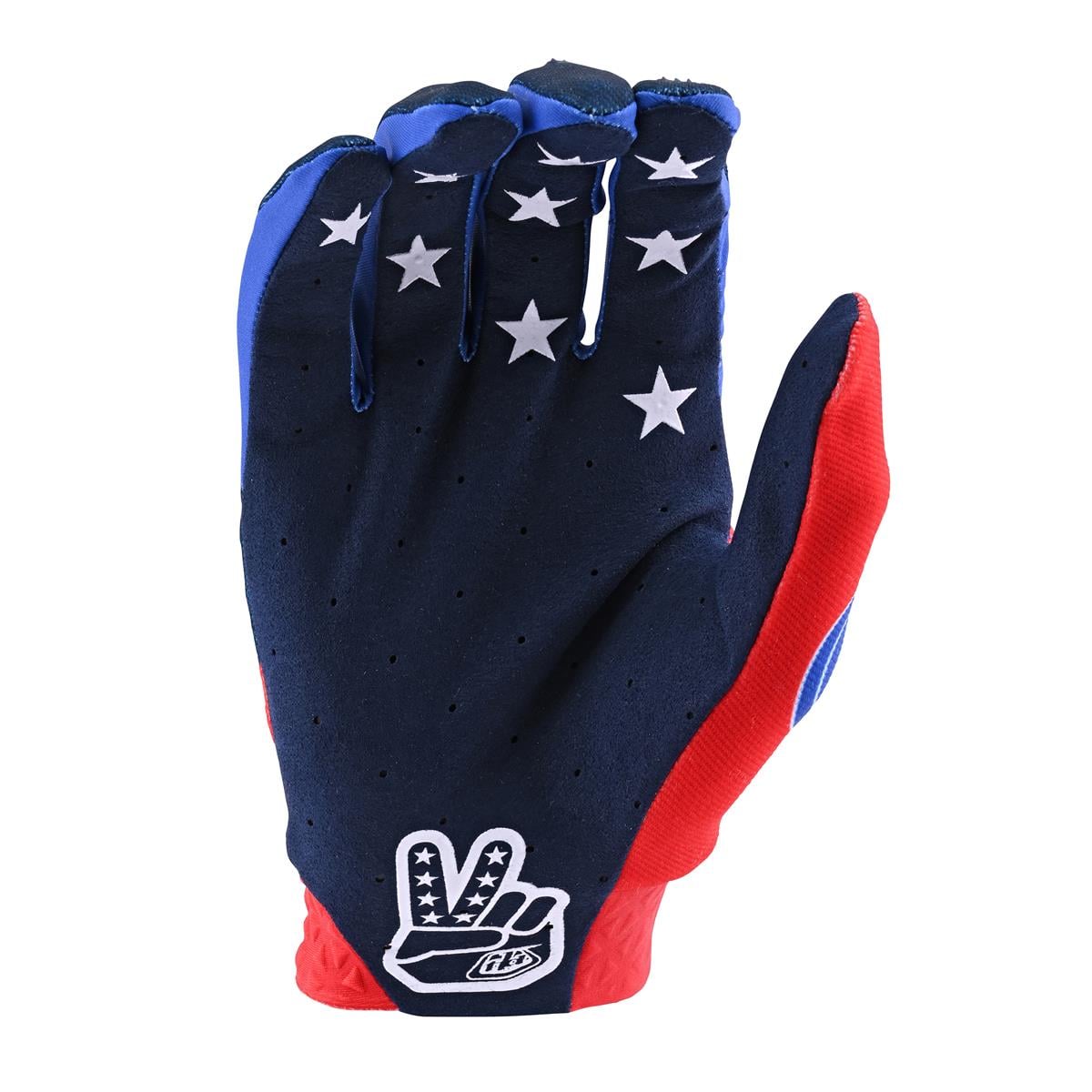 Troy Lee Designs Air glove palm view showing navy blue perforated palm with stars and red accents