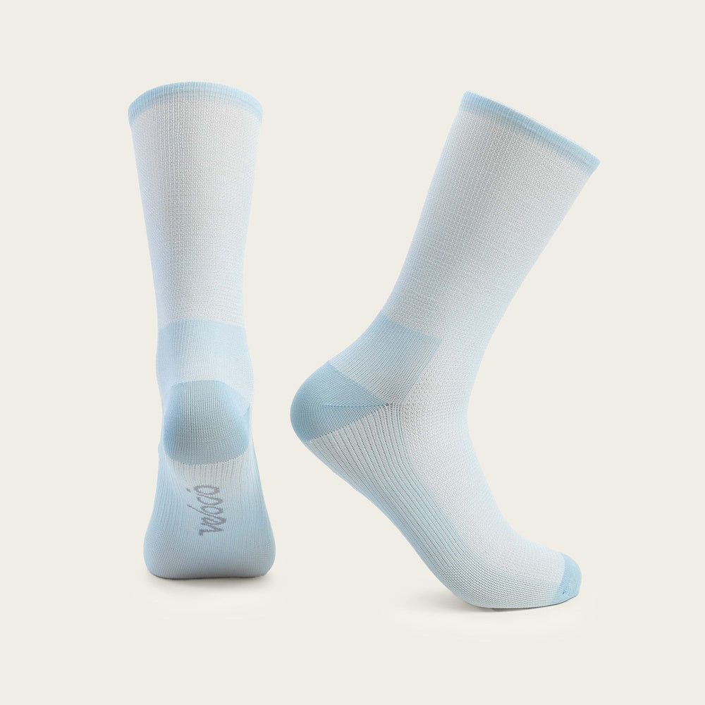 Velocio ultralight cycling socks in sky blue and white gradient pattern
