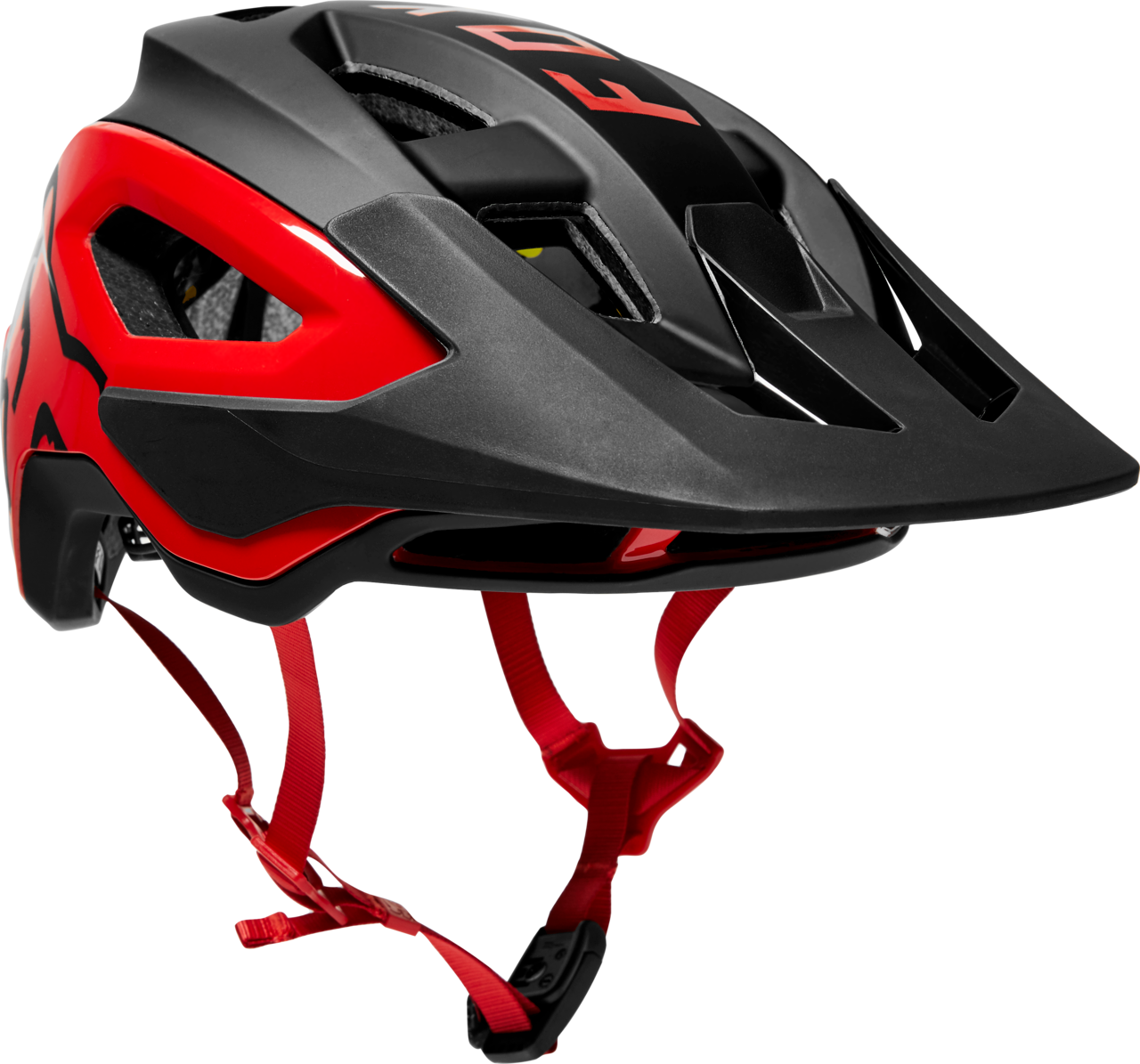 Fox Racing Speedframe Pro mountain bike helmet in black with red trim and straps