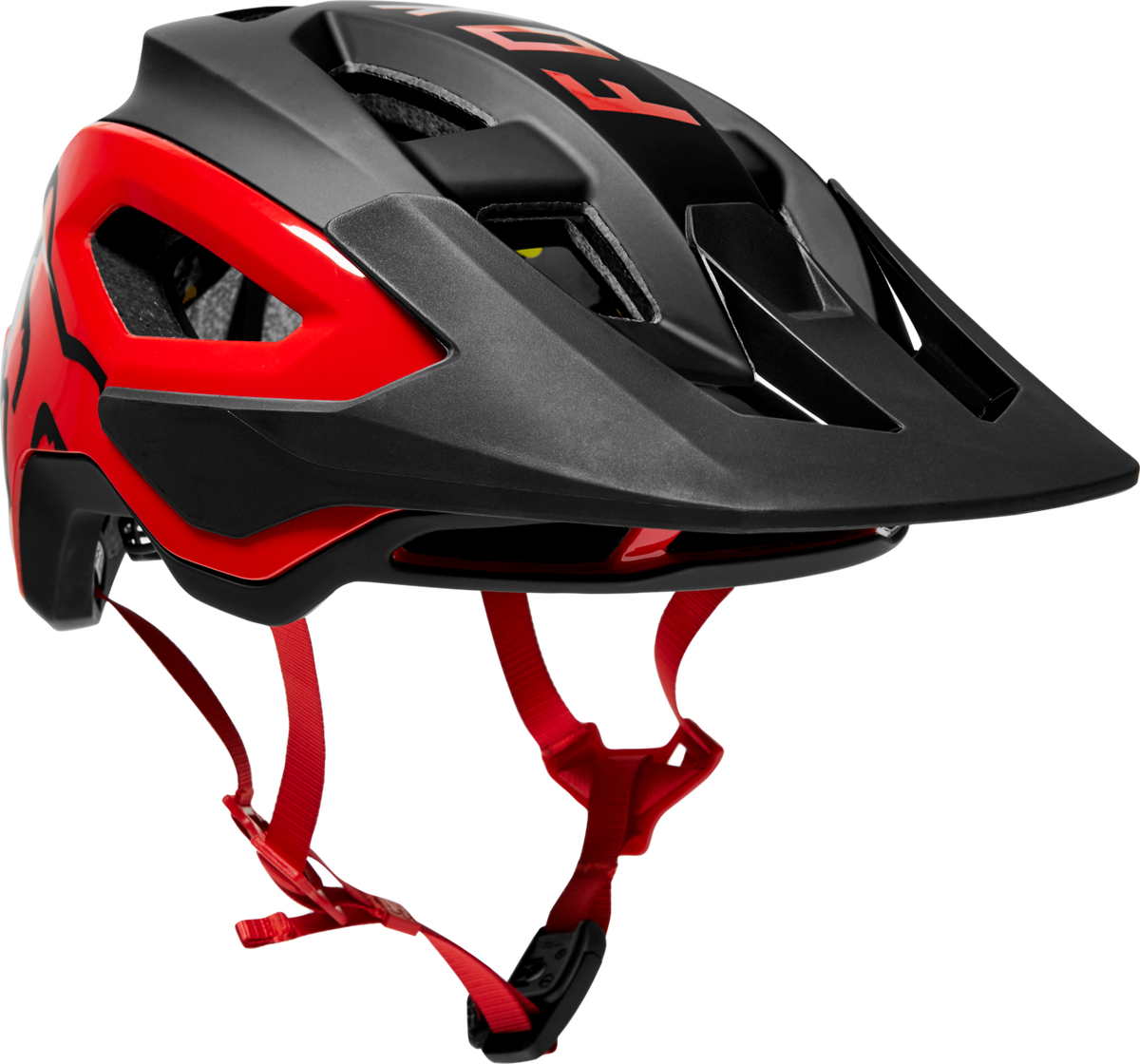 Fox Racing Speedframe Pro MTB helmet in matte black and red with ventilation ports