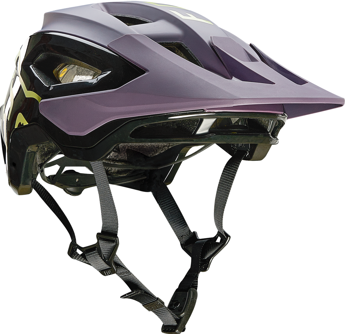 Fox Speedframe Pro MTB helmet in dark purple with black and yellow-green accents