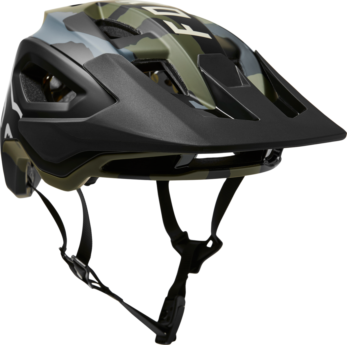 Fox Racing Speedframe Pro mountain bike helmet in black and olive camouflage pattern