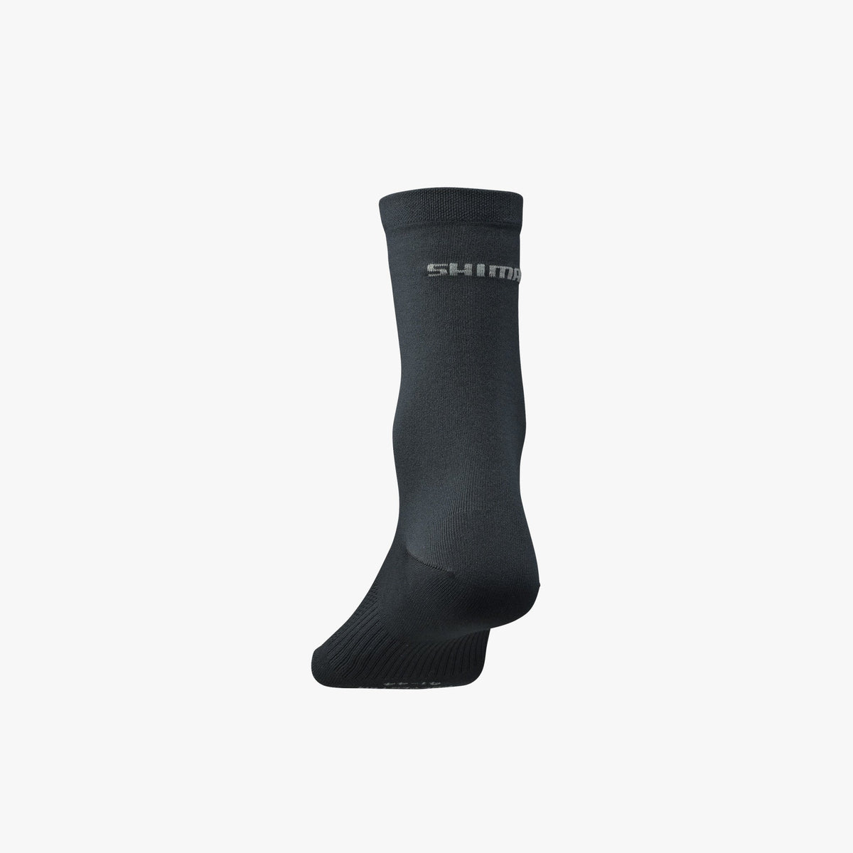 Rear view of single black Shimano Performance cycling sock showing heel and back detail