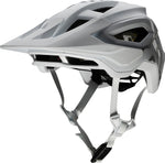 Fox Speedframe Pro mountain bike helmet in matte gray and white on white background