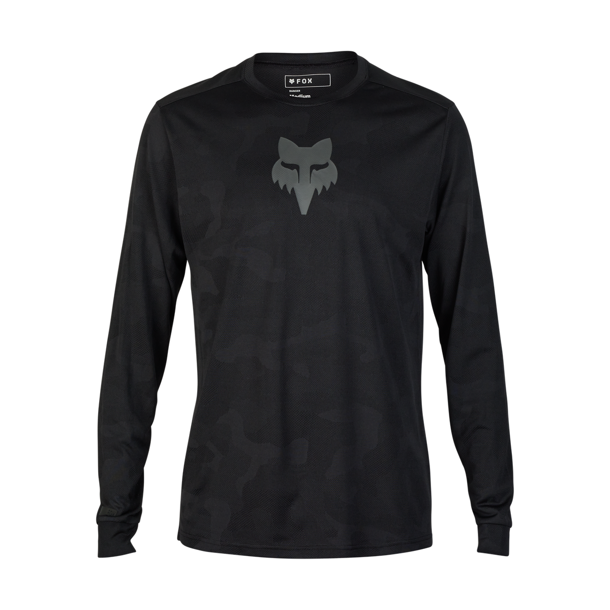 Fox Ranger long sleeve jersey in black with tonal camo pattern and Fox head logo
