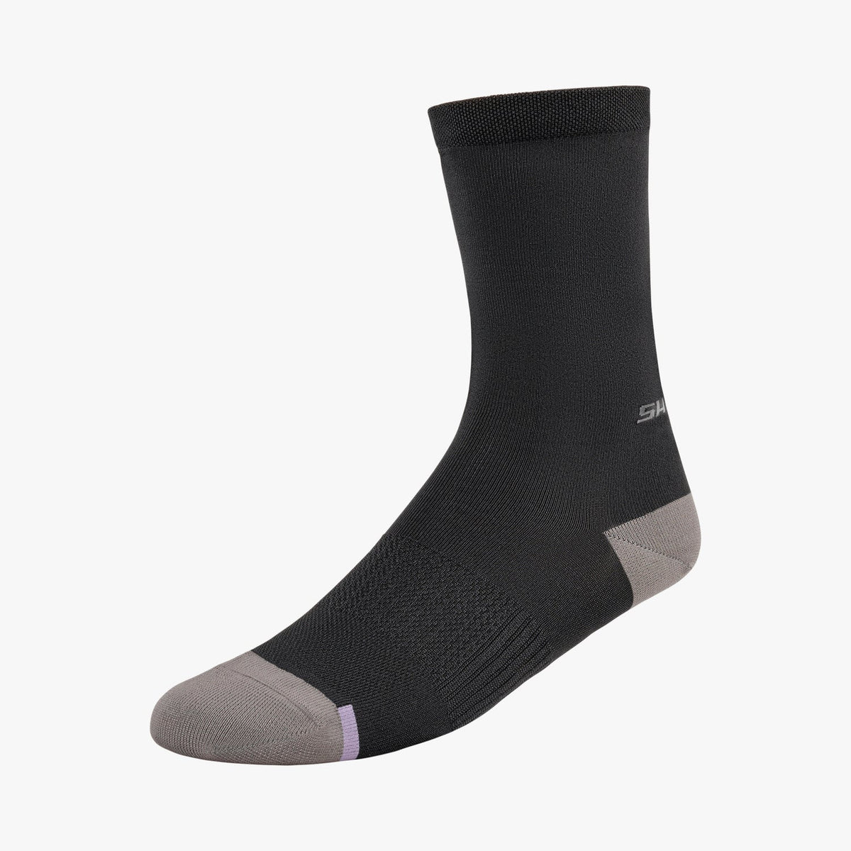 Single Shimano Performance cycling sock in black with gray toe and heel, side view