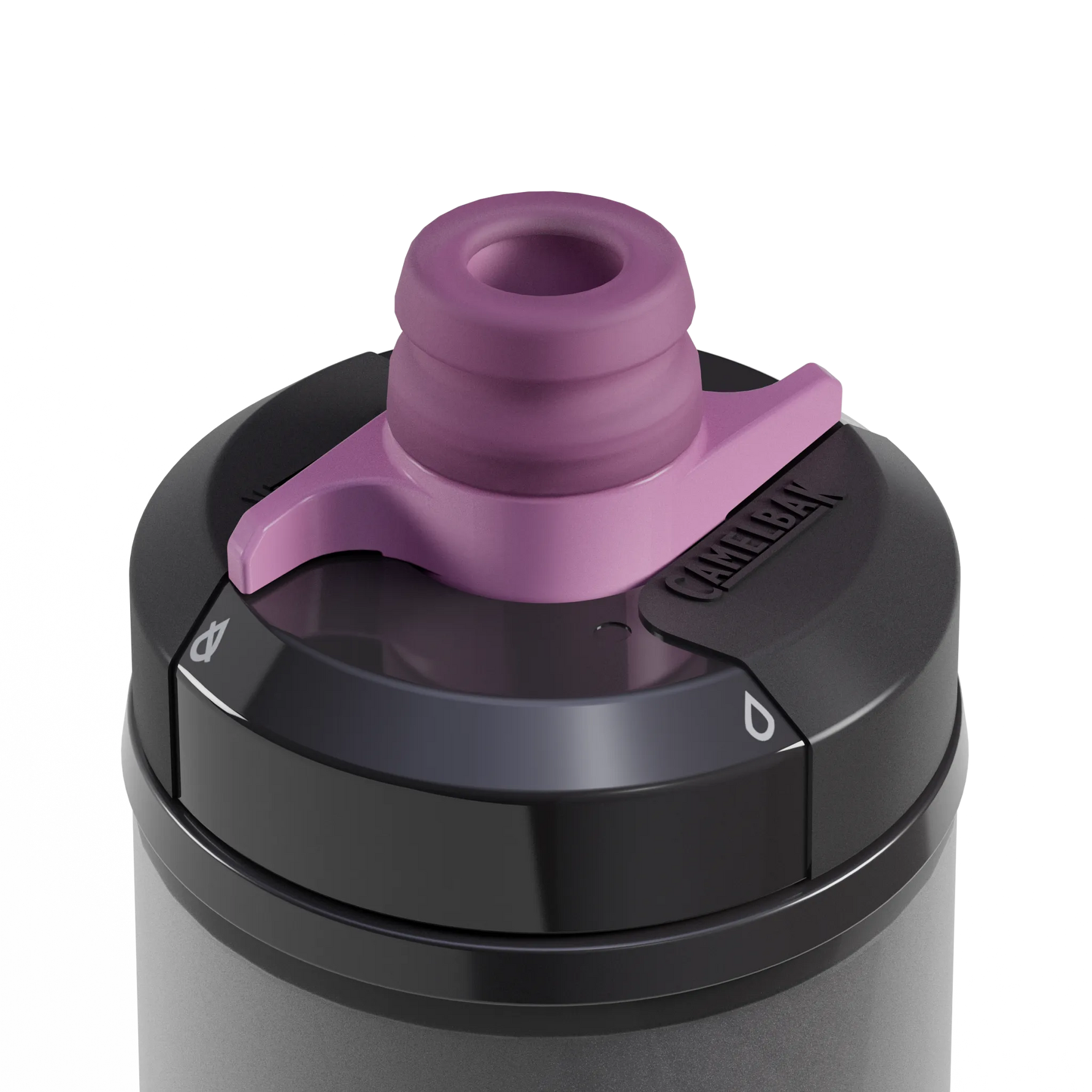 CamelBak Podium Chill water bottle cap with purple spout and gray body