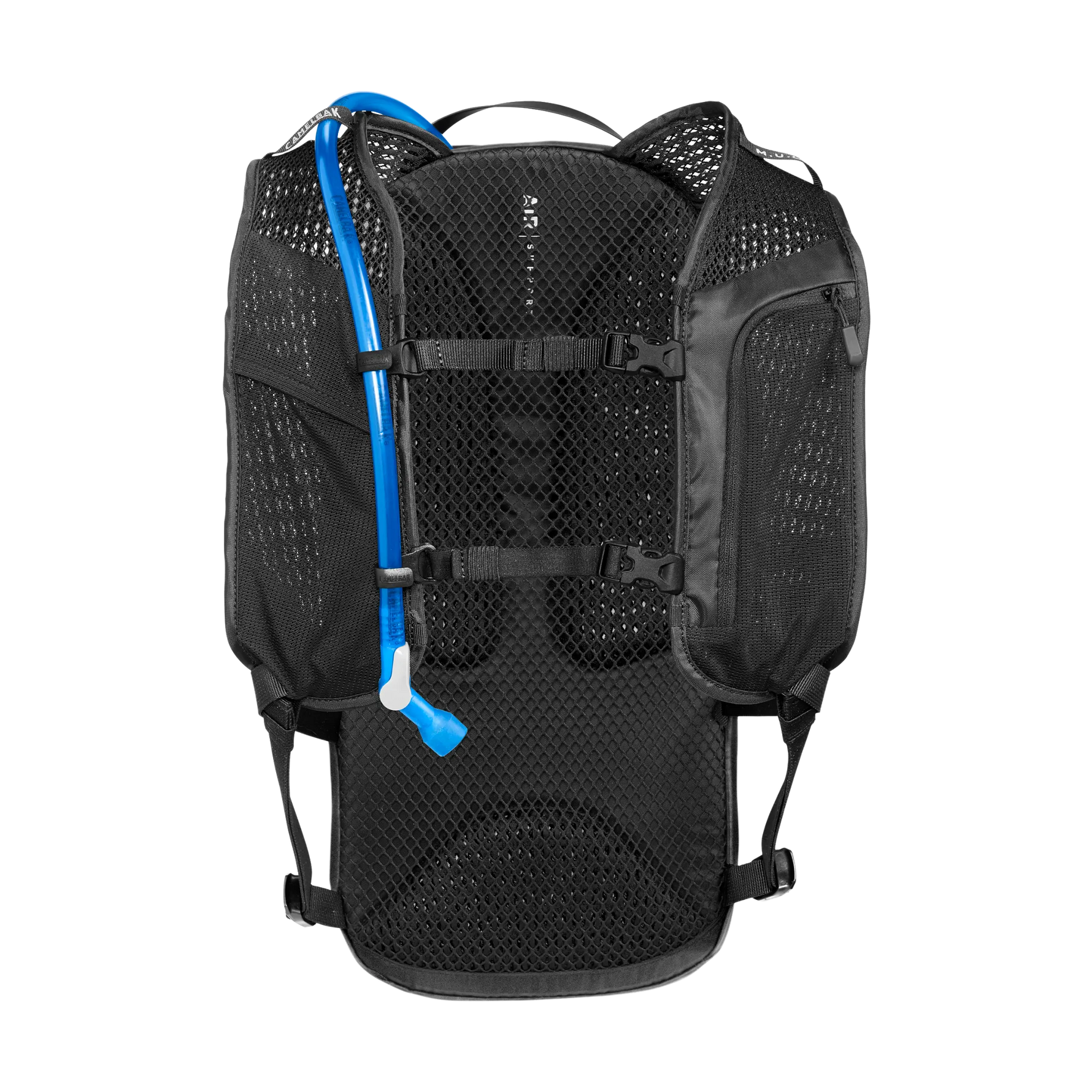 CamelBak Mule black hydration backpack with blue water tube and mesh panels