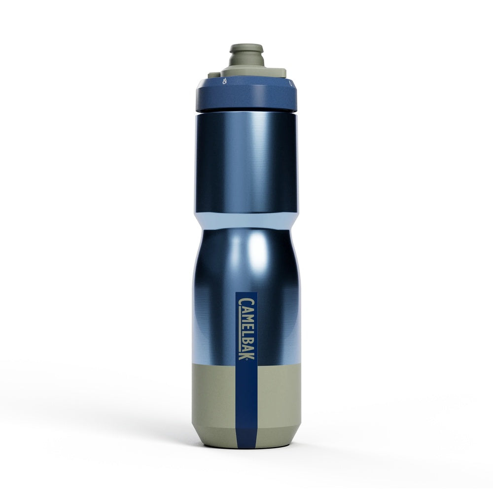 CamelBak Podium Steel water bottle in blue and gray colorway with pull-top cap